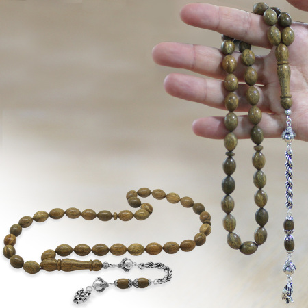 925 Ayar Gümüş Halat Zincir Püsküllü Arpa Kesim Açık Kahverengi Pelesenk Tesbih - Tesbihane