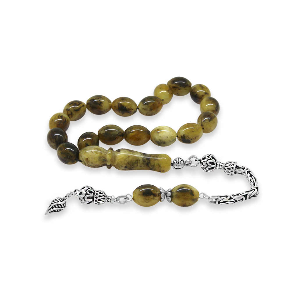 925 Ayar Gümüş Kral Zincir Püsküllü Arpa Kesim Dalmaçya Damla Kehribar Dört Parmak Efe Tesbih - 5