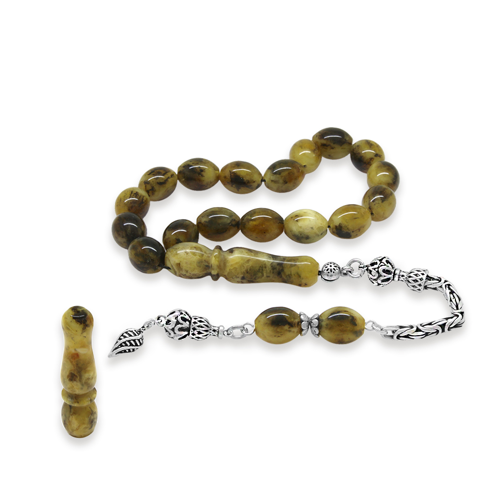 925 Ayar Gümüş Kral Zincir Püsküllü Arpa Kesim Dalmaçya Damla Kehribar Dört Parmak Efe Tesbih - 2