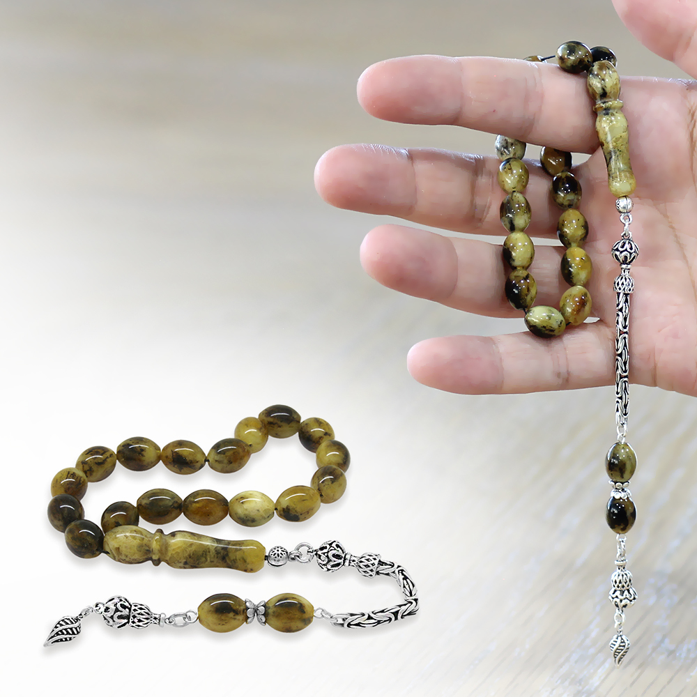 925 Ayar Gümüş Kral Zincir Püsküllü Arpa Kesim Dalmaçya Damla Kehribar Dört Parmak Efe Tesbih - 1