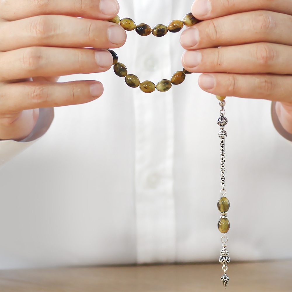 925 Ayar Gümüş Kral Zincir Püsküllü Arpa Kesim Dalmaçya Damla Kehribar Dört Parmak Efe Tesbih - 4