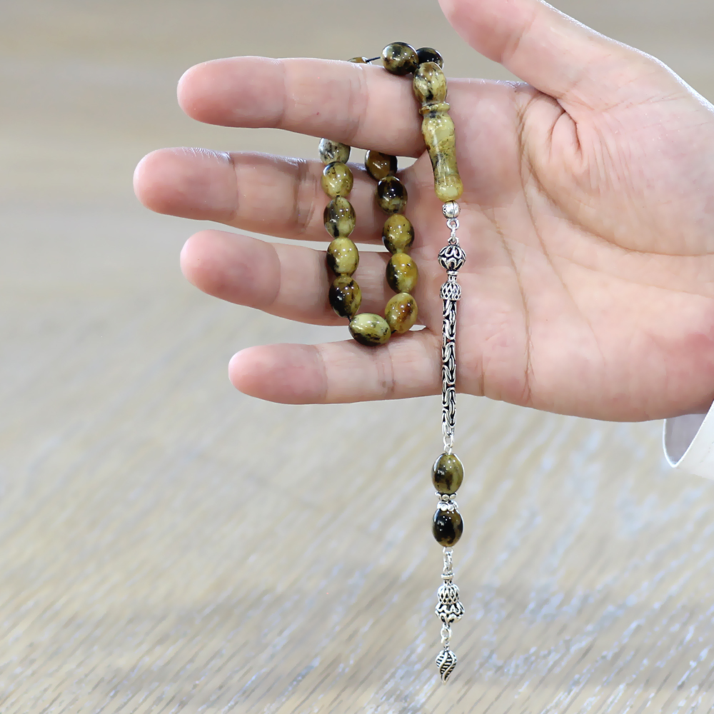 925 Ayar Gümüş Kral Zincir Püsküllü Arpa Kesim Dalmaçya Damla Kehribar Dört Parmak Efe Tesbih - 3