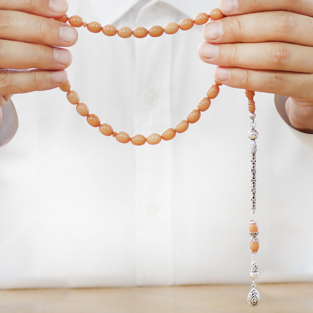 925 Ayar Gümüş Kral Zincir Püsküllü Arpa Kesim Krem Rengi Sıkma Kehribar Tesbih - 4