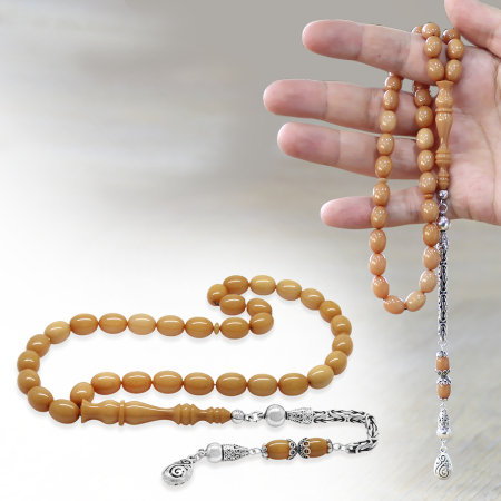 925 Ayar Gümüş Kral Zincir Püsküllü Arpa Kesim Krem Rengi Sıkma Kehribar Tesbih - Tesbihane