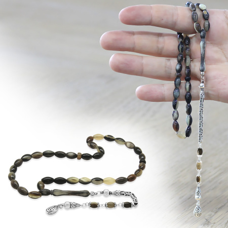 925 Ayar Gümüş Kral Zincir Püsküllü Arpa Kesim Naturel Renk Bufalo Boynuzu Tesbih - Tesbihane