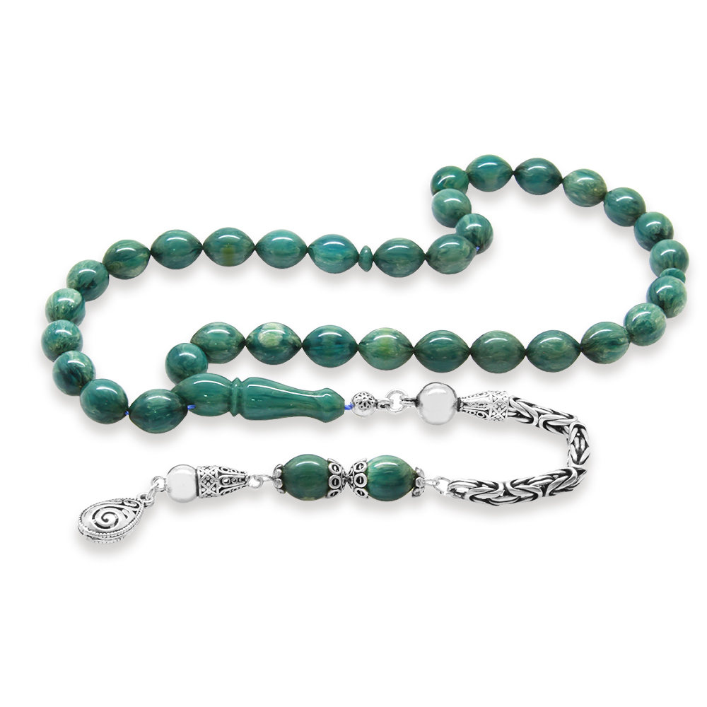 925 Ayar Gümüş Kral Zincir Püsküllü Arpa Kesim Turkuaz-Beyaz Sıkma Kehribar Tesbih - 2