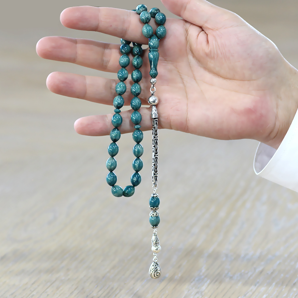 925 Ayar Gümüş Kral Zincir Püsküllü Arpa Kesim Turkuaz-Beyaz Sıkma Kehribar Tesbih - 3
