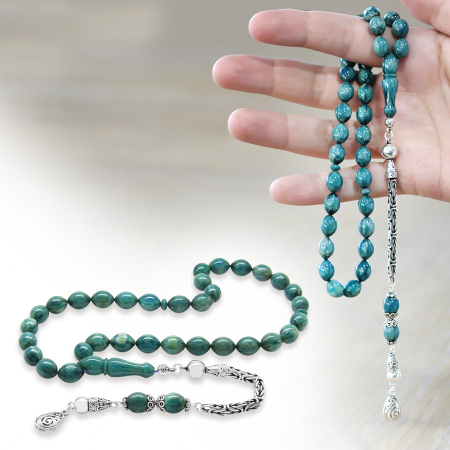 925 Ayar Gümüş Kral Zincir Püsküllü Arpa Kesim Turkuaz-Beyaz Sıkma Kehribar Tesbih - Tesbihane