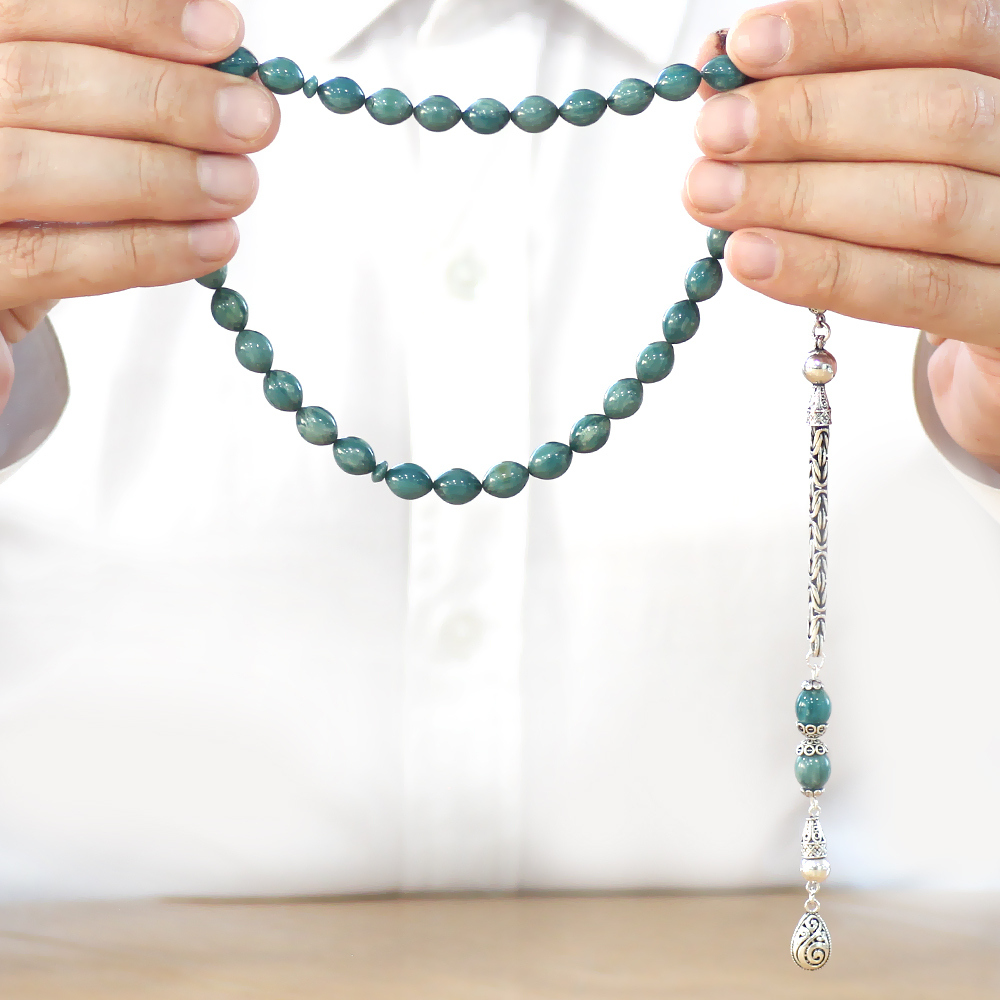 925 Ayar Gümüş Kral Zincir Püsküllü Arpa Kesim Turkuaz-Beyaz Sıkma Kehribar Tesbih - 4