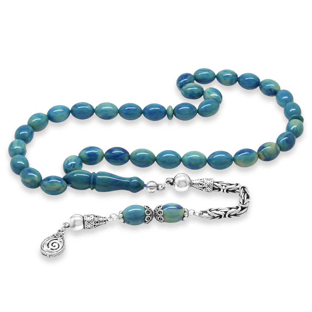 925 Ayar Gümüş Kral Zincir Püsküllü Arpa Kesim Turkuaz-Mavi Sıkma Kehribar Tesbih - 2