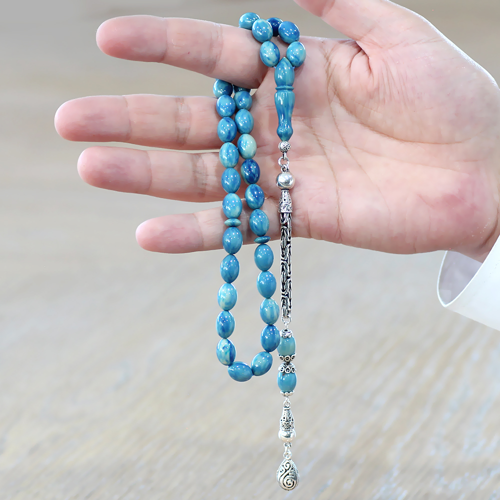 925 Ayar Gümüş Kral Zincir Püsküllü Arpa Kesim Turkuaz-Mavi Sıkma Kehribar Tesbih - 3