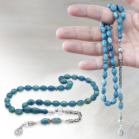 925 Ayar Gümüş Kral Zincir Püsküllü Arpa Kesim Turkuaz-Mavi Sıkma Kehribar Tesbih - Tesbihane