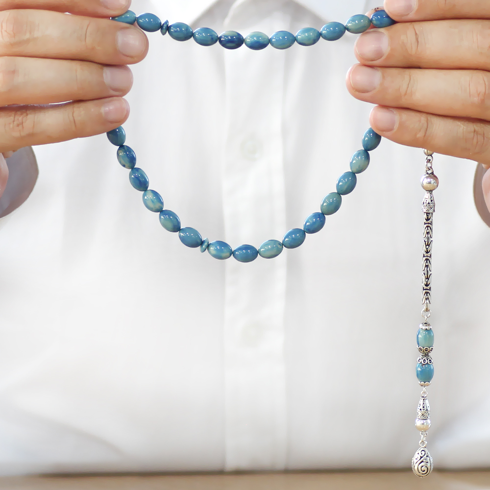 925 Ayar Gümüş Kral Zincir Püsküllü Arpa Kesim Turkuaz-Mavi Sıkma Kehribar Tesbih - 4