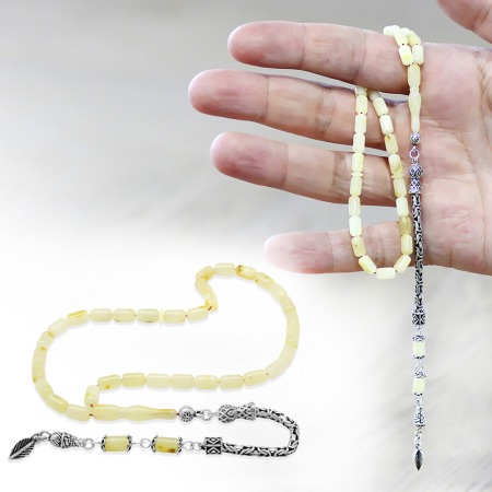 925 Ayar Gümüş Kral Püsküllü Mini Boy Kapsül Kesim Soft Sarı Beyaz Doğal Damla Kehribar Tesbih - Tesbihane