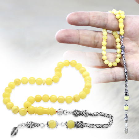 925 Ayar Gümüş Kral Zincir Püsküllü Bilek Boy Küre Kesim Soft Sarı Beyaz Doğal Damla Kehribar Tesbih - Tesbihane