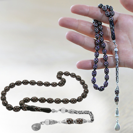 925 Ayar Gümüş Kral Püsküllü Ekose Motifli Gümüş Mercan İşlemeli Arpa Kesim Erzurum Oltu Taşı Tesbih - Tesbihane