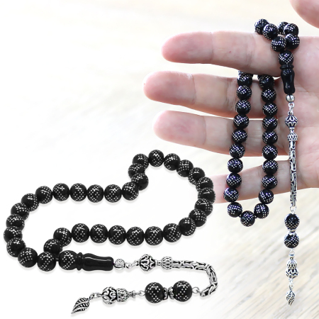 925 Ayar Gümüş Kral Zincir Püsküllü Gümüş Çift Zikzak İşlemeli Rus Oltu Tesbih - Tesbihane