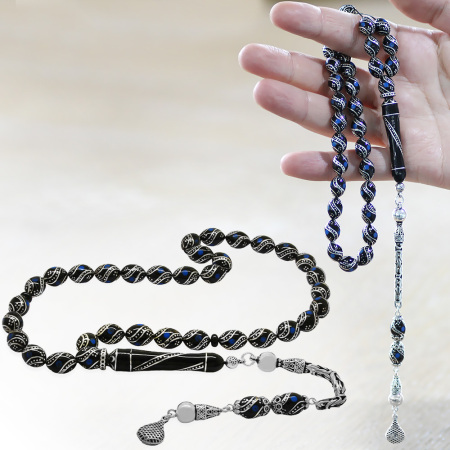 925 Ayar Gümüş Kral Zincir Püsküllü Gümüş Firuze İşlemeli Arpa Kesim Erzurum Oltu Taşı Tesbih - Tesbihane