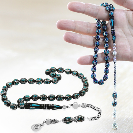 925 Ayar Gümüş Kral Zincir Püsküllü Gümüş Firuze İşlemeli Arpa Kesim Erzurum Oltu Tesbih - Tesbihane