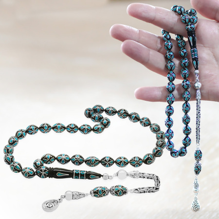 925 Ayar Gümüş Kral Zincir Püsküllü Gümüş Firuze İşlemeli Erzurum Oltu Taşı Tesbih - Tesbihane