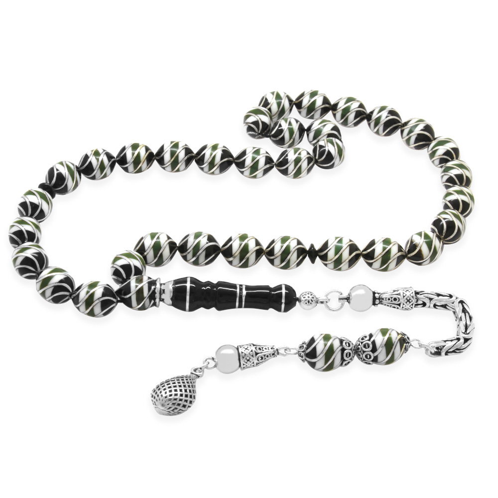 925 Ayar Gümüş Kral Püsküllü Gümüş Firuze Çeşmi Bülbül İşlemeli Arpa Kesim Erzurum Oltu Taşı Tesbih - 2