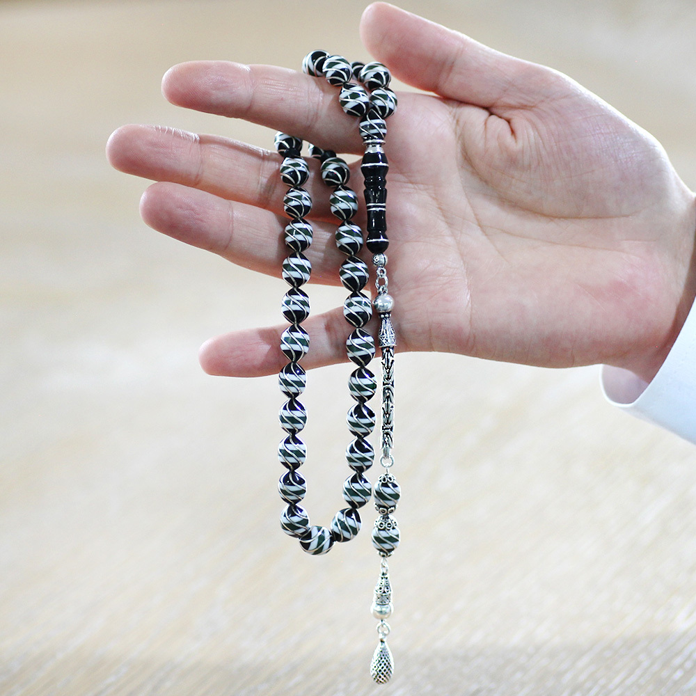 925 Ayar Gümüş Kral Püsküllü Gümüş Firuze Çeşmi Bülbül İşlemeli Arpa Kesim Erzurum Oltu Taşı Tesbih - 4