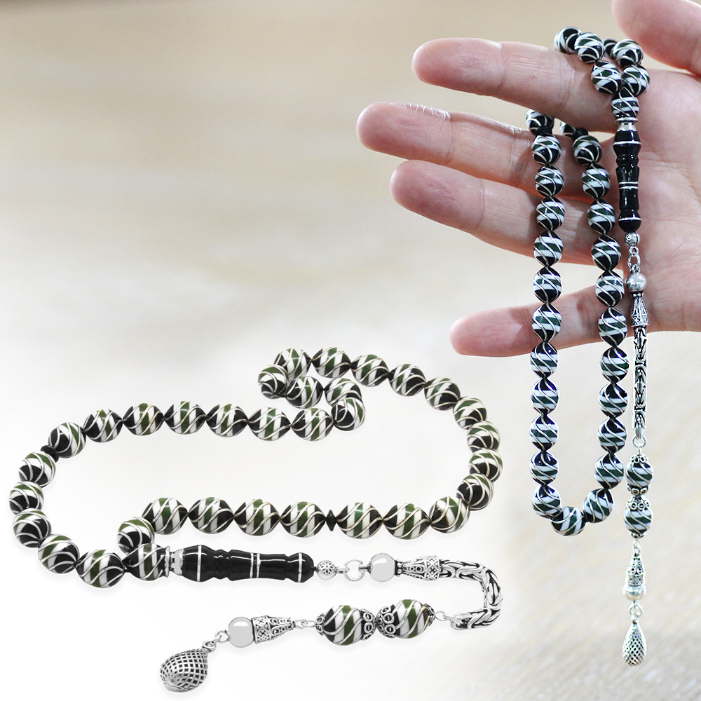 925 Ayar Gümüş Kral Püsküllü Gümüş Firuze Çeşmi Bülbül İşlemeli Arpa Kesim Erzurum Oltu Taşı Tesbih - 1