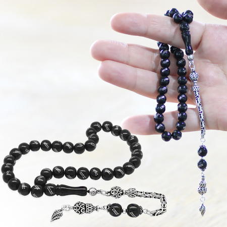 925 Ayar Gümüş Kral Zincir Püsküllü Gümüş İşlemeli Küre Kesim Rus Oltu Tesbih - Tesbihane