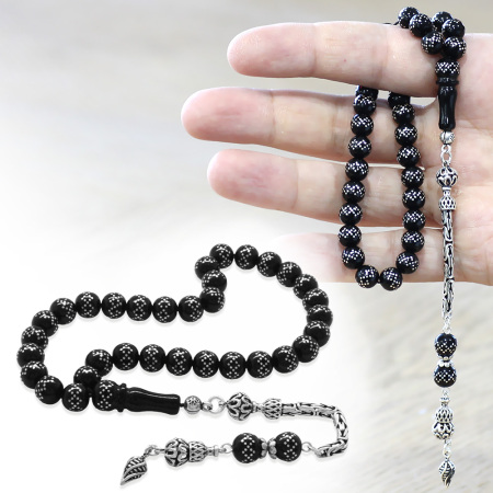 925 Ayar Gümüş Kral Zincir Püsküllü Gümüş İşlemeli Rus Oltu Tesbih - Tesbihane