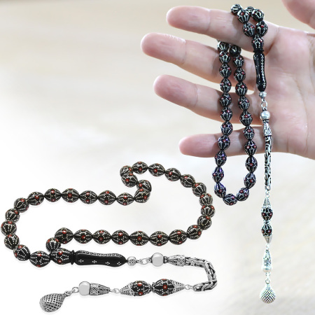 925 Ayar Gümüş Kral Zincir Püsküllü Gümüş Mercan İşlemeli Arpa Kesim Erzurum Oltu Taşı Tesbih - Tesbihane