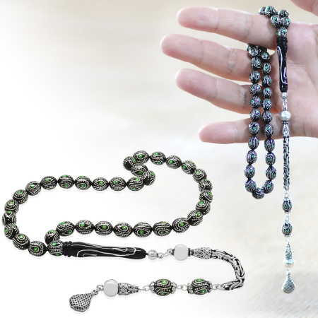 925 Ayar Gümüş Kral Zincir Püsküllü Gümüş Mine İşlemeli Arpa Kesim Erzurum Oltu Taşı Tesbih - Tesbihane