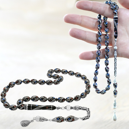 925 Ayar Gümüş Kral Püsküllü Gümüş Firuze Mercan İşlemeli Arpa Kesim Erzurum Oltu Taşı Tesbih - Tesbihane