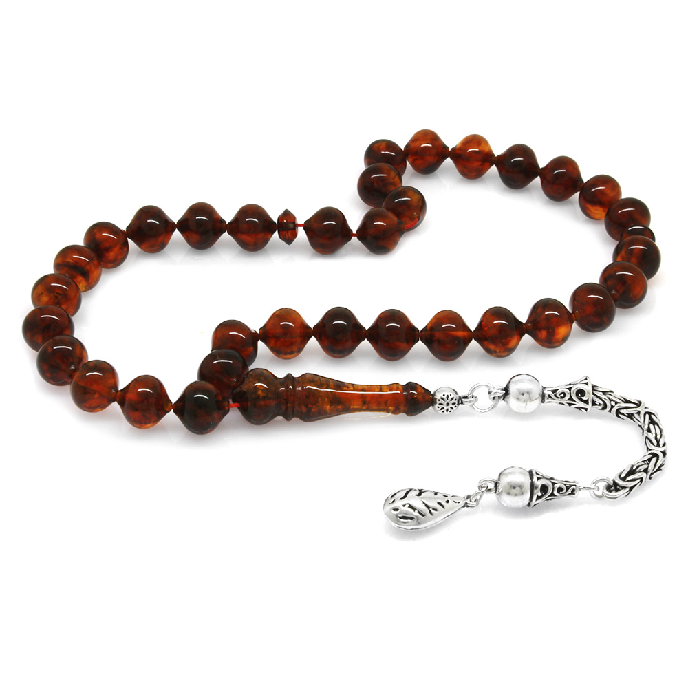 925 Ayar Gümüş Kral Zincir Püsküllü İstanbul Kesim Bitki Fosilli Damla Kehribar Tesbih - 1