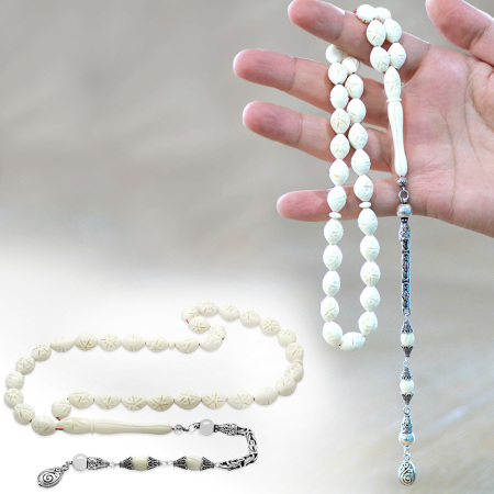 925 Ayar Gümüş Kral Zincir Püsküllü Kalem İşçilikli Özel Kesim Deve Kemiği Tesbih - Tesbihane