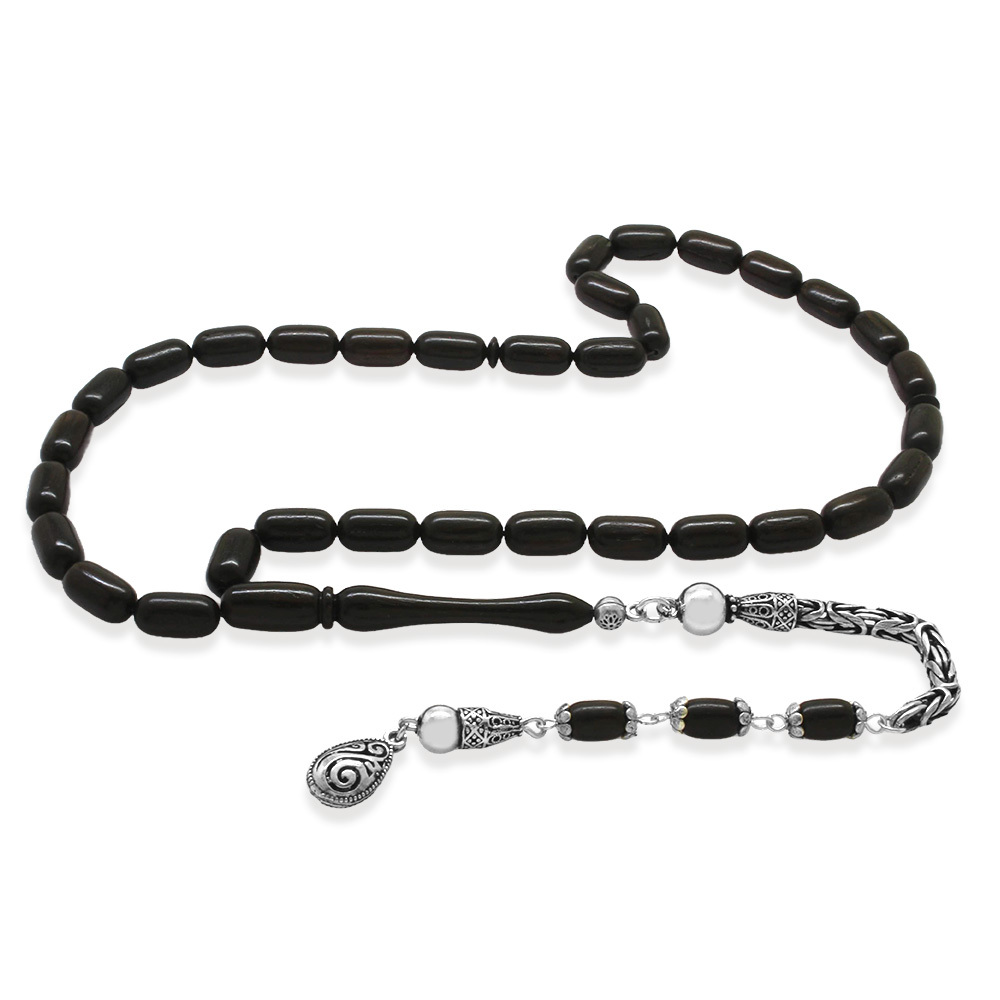 925 Ayar Gümüş Kral Zincir Püsküllü Kapsül Kesim Abanoz Ağacı Tesbih - 2