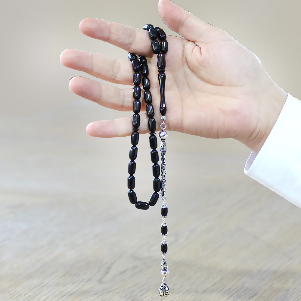 925 Ayar Gümüş Kral Zincir Püsküllü Kapsül Kesim Abanoz Ağacı Tesbih - 4