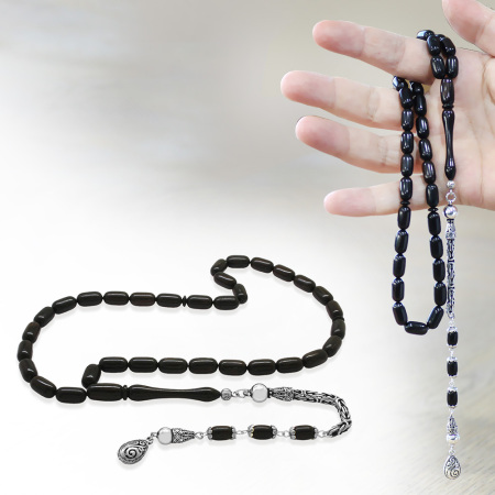 925 Ayar Gümüş Kral Zincir Püsküllü Kapsül Kesim Abanoz Ağacı Tesbih - Tesbihane