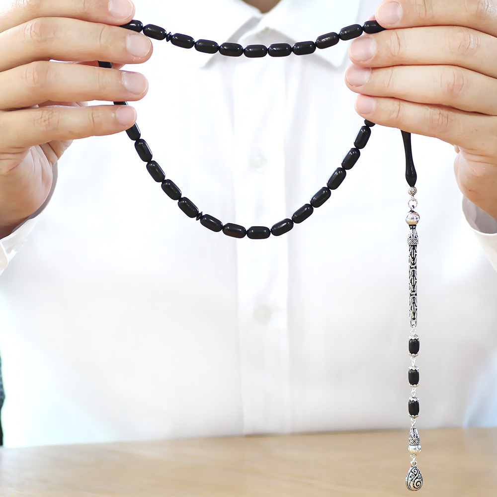 925 Ayar Gümüş Kral Zincir Püsküllü Kapsül Kesim Abanoz Ağacı Tesbih - 3