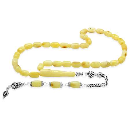 925 Ayar Gümüş Kral Zincir Püsküllü Kapsül Kesim Beyaz Sarı Hareli Patinli Damla Kehribar Tesbih - Tesbihane