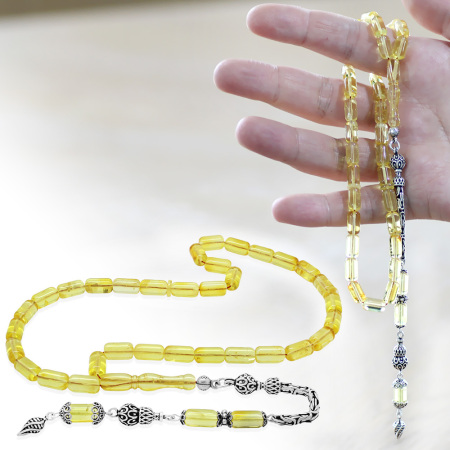 925 Ayar Gümüş Kral Zincir Püsküllü Kapsül Kesim Ihlamur Sarı Doğal Damla Kehribar Tesbih - Tesbihane