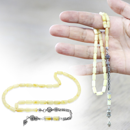 925 Ayar Gümüş Kral Zincir Püsküllü Kapsül Kesim Soft Sarı Beyaz Doğal Damla Kehribar Tesbih - Tesbihane