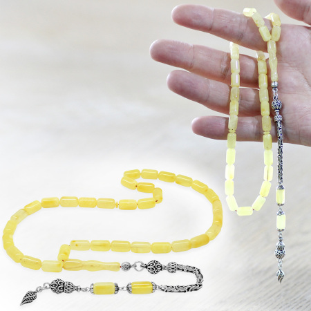 925 Ayar Gümüş Kral Zincir Püsküllü Kapsül Kesim Soft Sarı Doğal Damla Kehribar Tesbih - Tesbihane