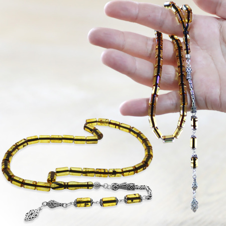 925 Ayar Gümüş Kral Püsküllü Kesme Kesim Hafif Fosilli Ihlamur Sarı Doğal Damla Kehribar Tesbih - Tesbihane