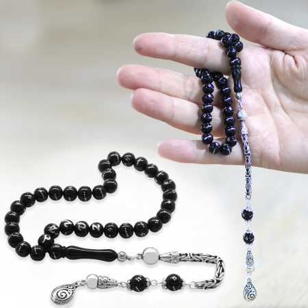 925 Ayar Gümüş Kral Zincir Püsküllü Küre Kesim Gümüş İşlemeli İsim Yazılı Erzurum Oltu Taşı Tesbih - Tesbihane