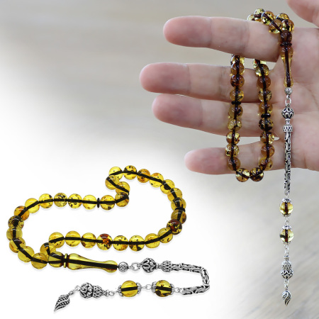 925 Ayar Gümüş Kral Püsküllü Küre Kesim Hafif Fosilli Ihlamur Sarı Doğal Damla Kehribar Tesbih - Tesbihane