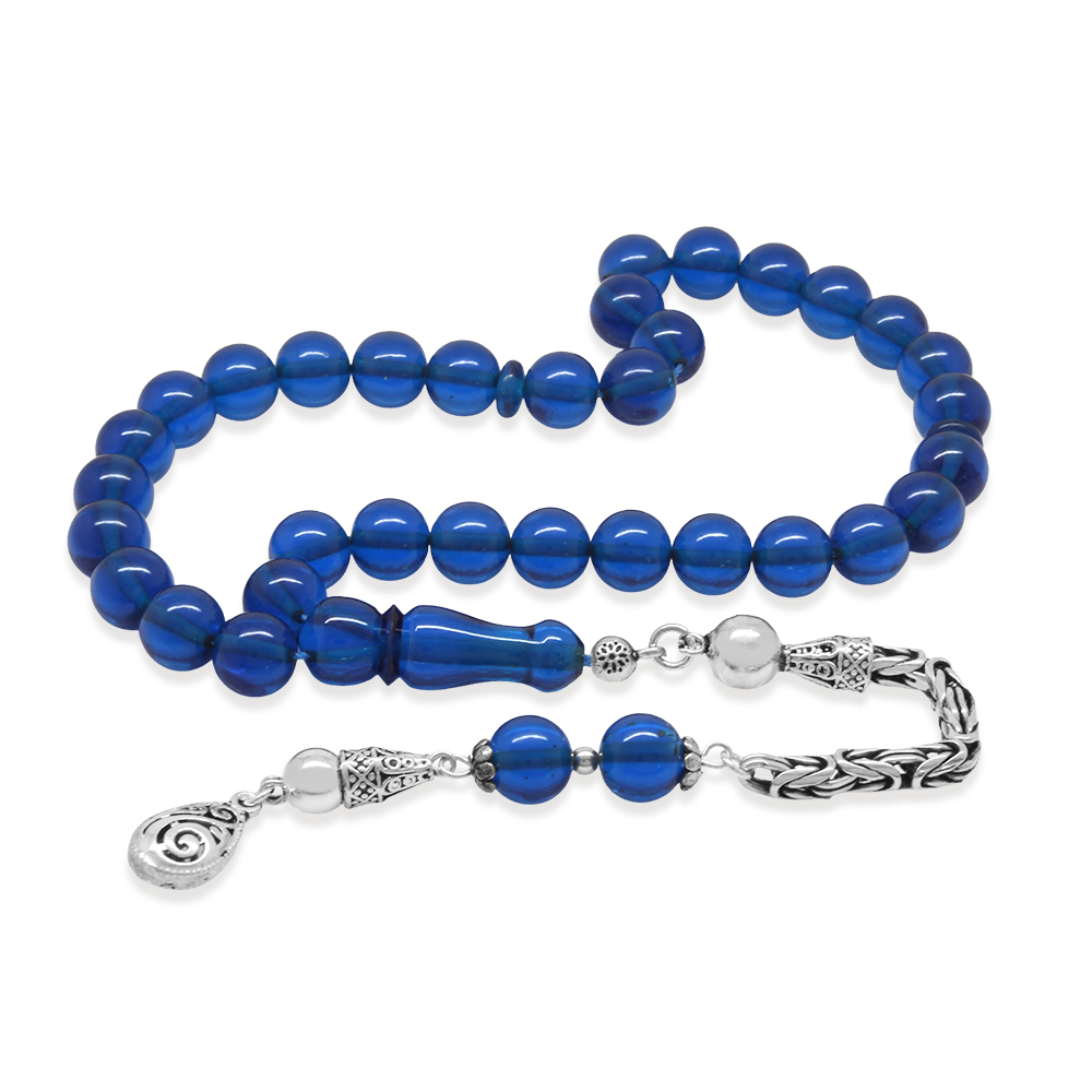 925 Ayar Gümüş Kral Zincir Püsküllü Küre Kesim Lacivert Sıkma Kehribar Tesbih - 2