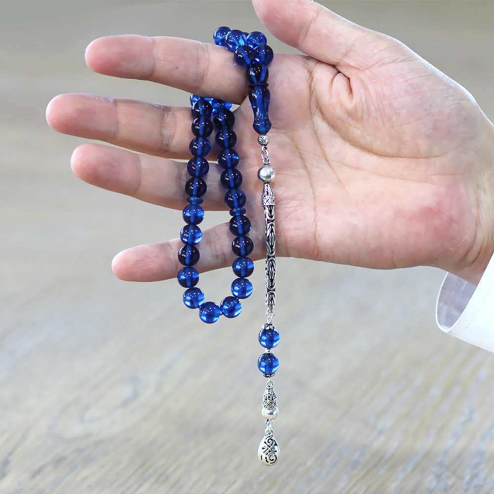 925 Ayar Gümüş Kral Zincir Püsküllü Küre Kesim Lacivert Sıkma Kehribar Tesbih - 3