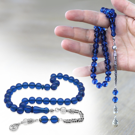 925 Ayar Gümüş Kral Zincir Püsküllü Küre Kesim Lacivert Sıkma Kehribar Tesbih - Tesbihane