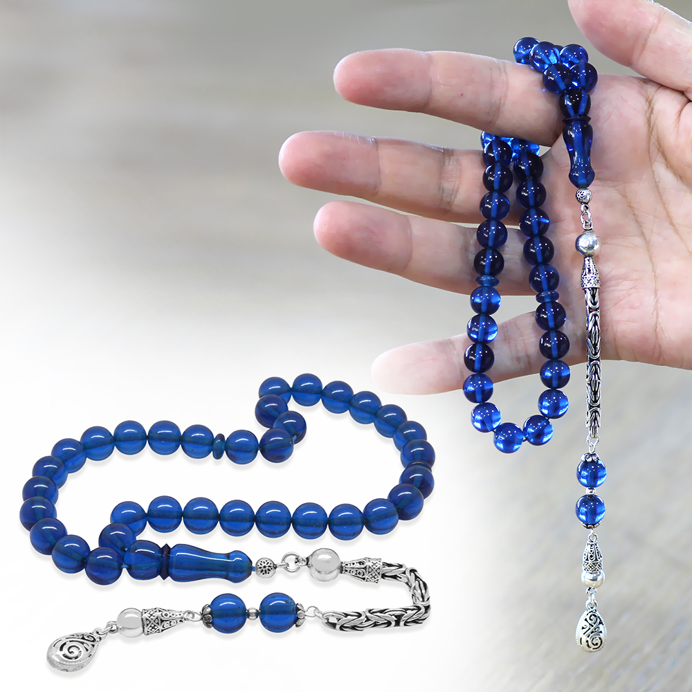 925 Ayar Gümüş Kral Zincir Püsküllü Küre Kesim Lacivert Sıkma Kehribar Tesbih - 1