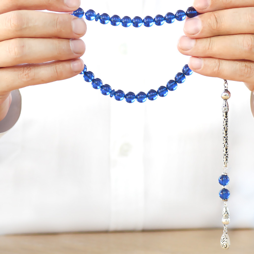 925 Ayar Gümüş Kral Zincir Püsküllü Küre Kesim Lacivert Sıkma Kehribar Tesbih - 4